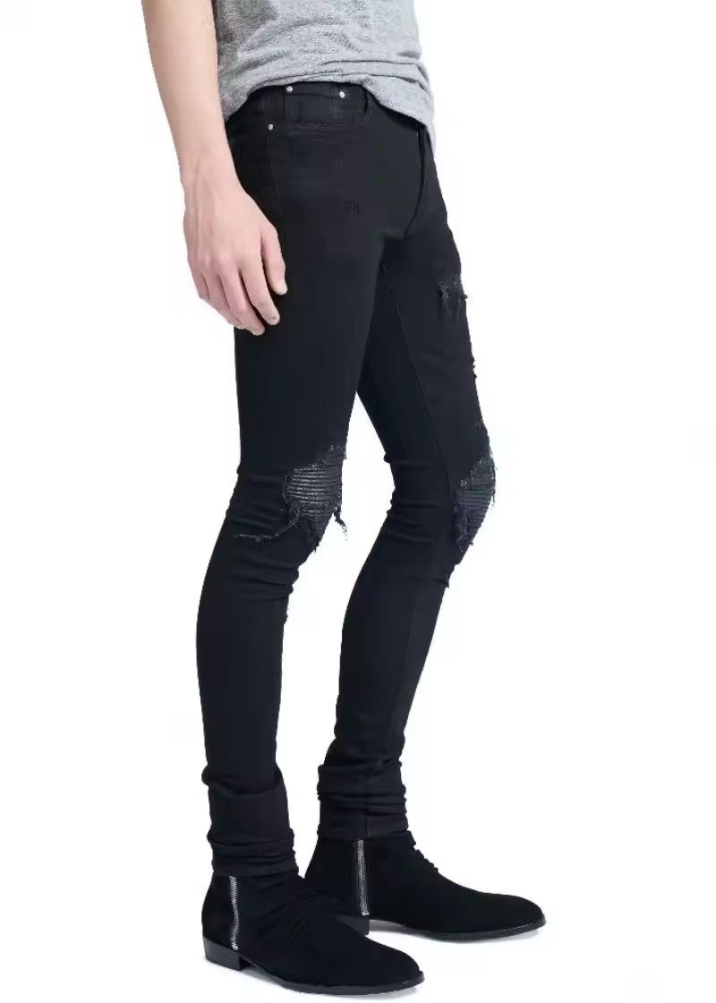 Black classic ribbed damaged rips men stretch skinny denim jeans