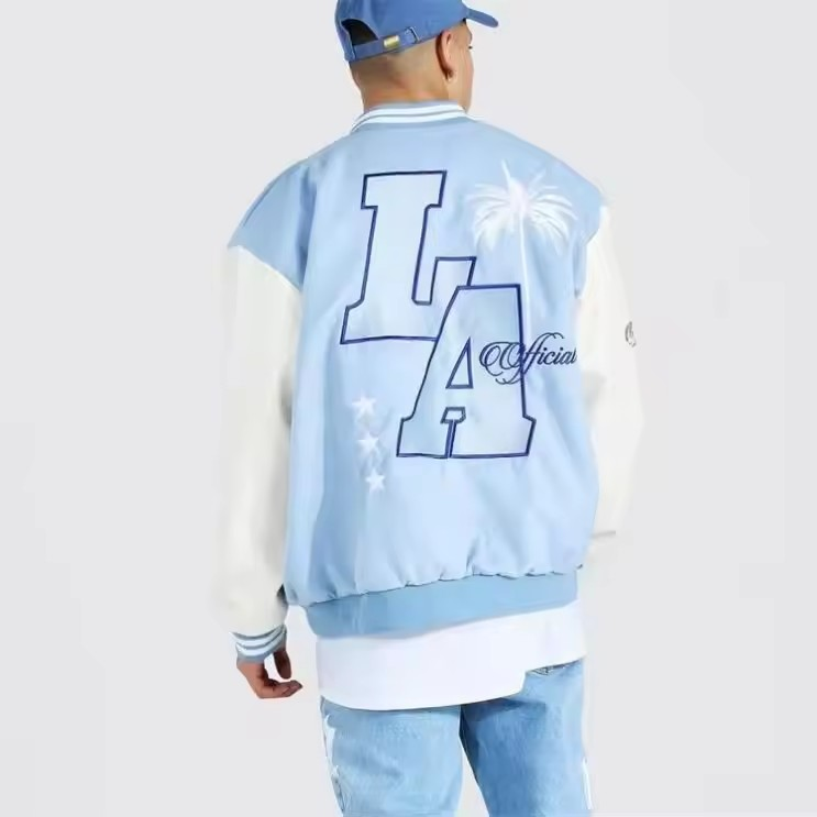 High Quality OEM custom chenille embroidery logo leather sleeves light blue baseball bomber letterman varsity jacket for men