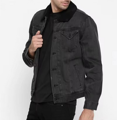 Denim Factory Custom Black Solid Washed Fleece Lined Slim Fit Denim Jacket Men