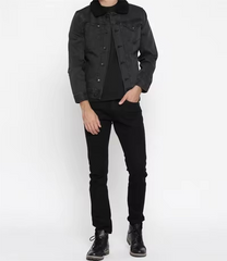 Denim Factory Custom Black Solid Washed Fleece Lined Slim Fit Denim Jacket Men