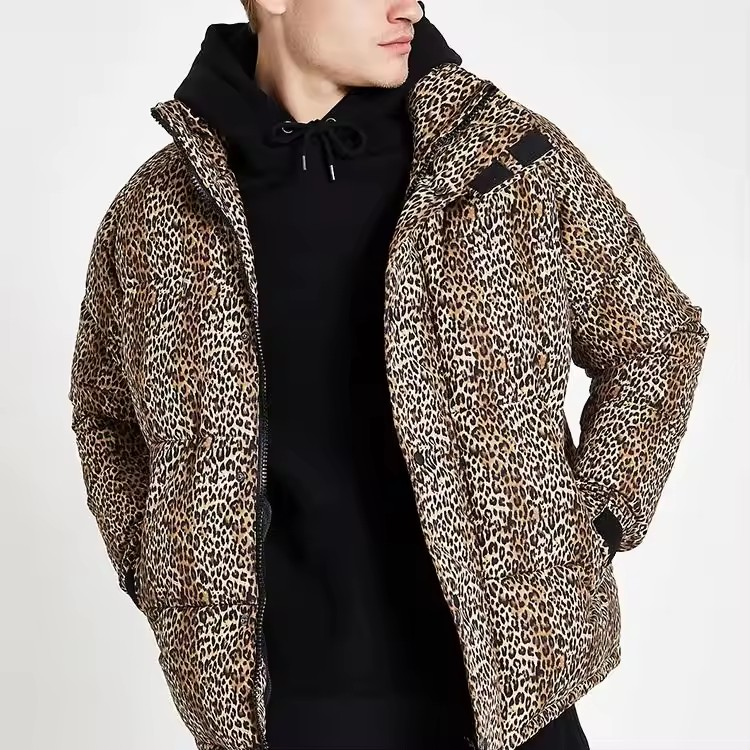 OEM High quality wholesale mens winter down jackets leopard print funnel neck puffer jackets