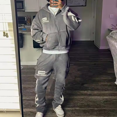 Streetwear Acid Washed Sweat Suits Zipper Hoodies Tracksuit Set Acid Wash Distress Patch Flared Sweatpants And Hoodie Set