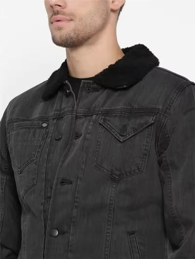 Denim Factory Custom Black Solid Washed Fleece Lined Slim Fit Denim Jacket Men