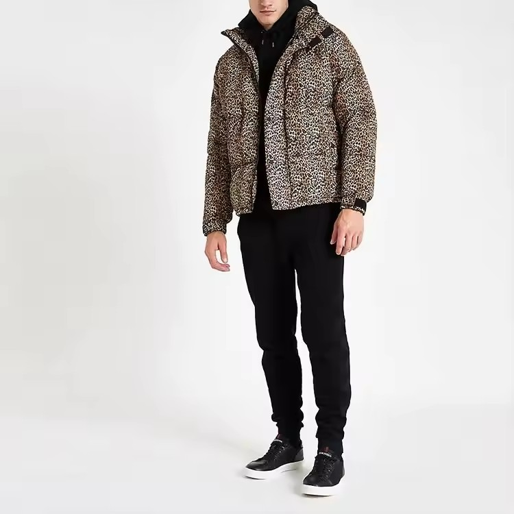 OEM High quality wholesale mens winter down jackets leopard print funnel neck puffer jackets