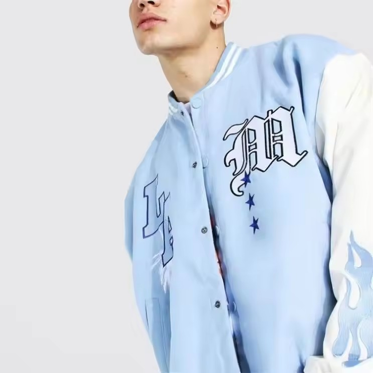 High Quality OEM custom chenille embroidery logo leather sleeves light blue baseball bomber letterman varsity jacket for men