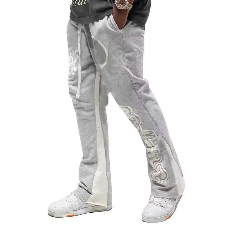 Wholesale flare pants custom raw hem french terry oversize cotton puff print streetwear flare sweatpants men