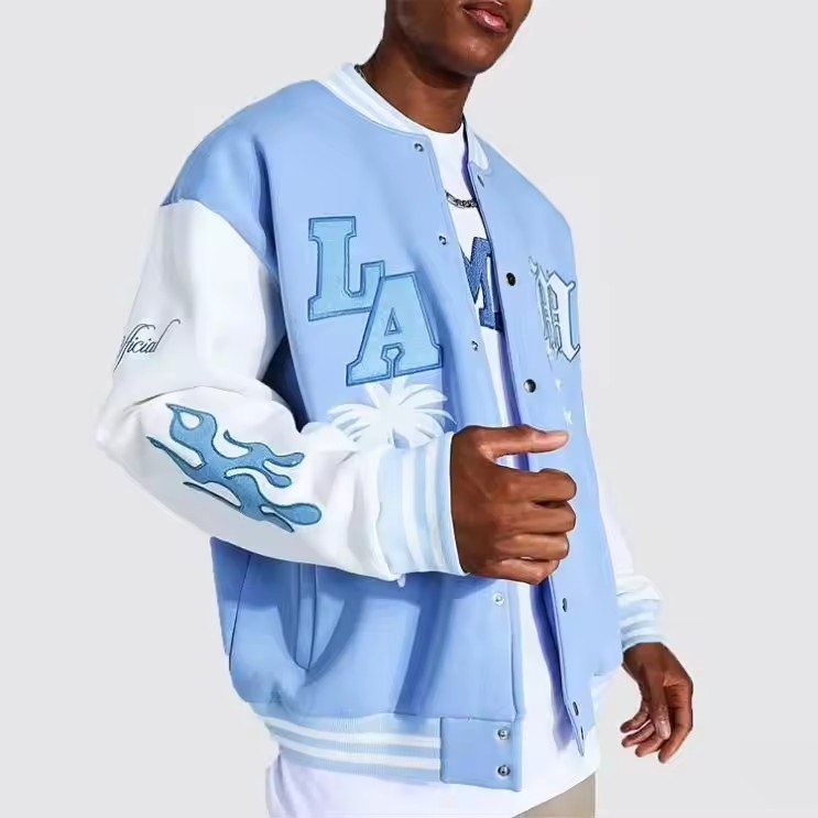 High Quality OEM custom chenille embroidery logo leather sleeves light blue baseball bomber letterman varsity jacket for men